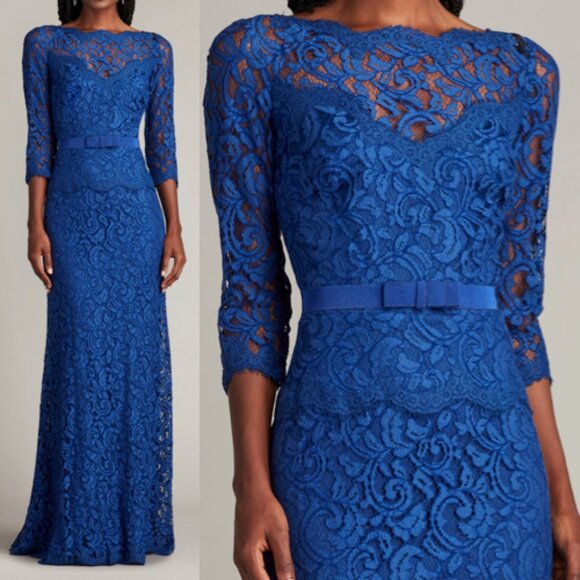 NWT TADASHI SHOJI AMBERLY BELTED LACE SLEEVE GOWN DRESS ACZ1224L BLUE LAGOON